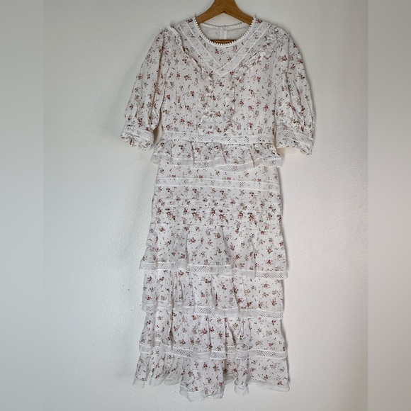 Just Me Floral lace Ruffle Dress tiered midi size S - Picture 3 of 12
